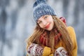 Winter young woman portrait. Beauty Joyful Model Girl laughing and having fun in winter park. Beautiful young female