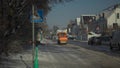 Winterdienst. City service cleaning snow in Germany, Munich. Snow removal vehicle shovels snow at high speed from