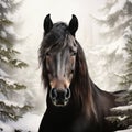 Winterland Serenity: Realistic Portrait Of A Black Horse In Snow Royalty Free Stock Photo