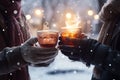 Winters embrace couples mittened hands hold steaming tea mugs