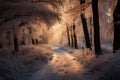 In winters gentle sunlight, a serene forest path amid frosty trees
