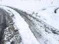 Winters Labor Fresh Tire Tracks Through Snowy Street Royalty Free Stock Photo