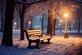 Winters nightfall, city parks wooden bench, lit by gentle lights Royalty Free Stock Photo