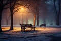 Winters nightfall, city parks wooden bench, lit by gentle lights Royalty Free Stock Photo