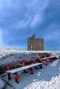 Winters pathway ballybunion castle red benches Royalty Free Stock Photo