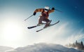 Winterscape Aerials, Unforgettable Moments of Skiing\'s Jumping Skiers in Action. Generative AI