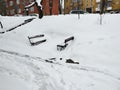 Winterscape with two benches covered by a snow