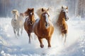 horses running towards the camera in winter