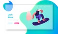 Wintertime Activity and Extreme Outdoors Snowboarding Sport Website Landing Page. Young Woman Jumping