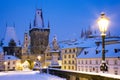 Wintertime Charles bridge, gothic Lesser Town bridge tower, Less