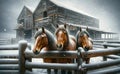 Wintertime country homestead with a weathered barns and horse corral AI Generated