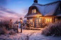 Wintertime cozy thatched cottage near to beach. Decorated with lights. AI generated Royalty Free Stock Photo