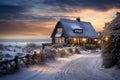 Wintertime cozy thatched cottage near to beach. Decorated with lights. AI generated Royalty Free Stock Photo