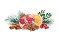 Wintertime floral decor from fruit and pine. Watercolor illustration. Hand drawn winter festive decoration. Orange