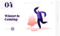 Wintertime Fun Active Games Outdoors Website Landing Page. Happy Young Man Throwing Snow Ball Fighting Royalty Free Stock Photo