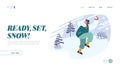 Wintertime Relaxing Active Spare Time Website Landing Page. Happy Cheerful Man Playing Snowballs. Winter Season