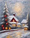 wintertime snowed mountain village at night digital matte painting with deep brush strokes