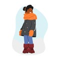 Wintertime Walk, Holidays Concept. Child Enjoy First Snow. Black Girl Character Looking on Falling Snowflakes at Winter