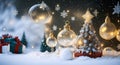 Wintery landscape of golden and white Christmas ornaments