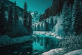 A turquoise river running through a wintery mountain forest and trees covered in snow