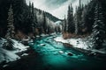 A turquoise river running through a wintery mountain forest and trees covered in snow