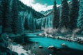 A turquoise river running through a wintery mountain forest and trees covered in snow
