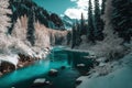 A turquoise river running through a wintery mountain forest and trees covered in snow