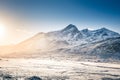 Wintery in mountains - snow, rocky mountains, sunrise - Cuillin Hills, Isle of Skye, Scotland Royalty Free Stock Photo