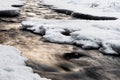 Wintery river view with evening light, water movement and snow