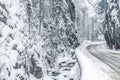 Wintery snowcovered mountain road with white snowy spruces and rocks. Wonderful wintry landscape. Travel background. Royalty Free Stock Photo