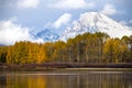 wintry autumn weather on snow capped Mt. Moran in Grand teton national Park in Wyoming Royalty Free Stock Photo