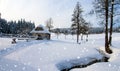 Wintry country with cottage, snowfall Royalty Free Stock Photo