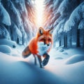 Nimble red fox hops and bounds over winter terrain