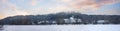 Wintry landscape panorama, Schaftlarn cloister at sunset