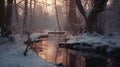 Wintry Luminist Landscape: Tree By Stream In Dusseldorf Forest