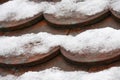 Red snow covered beaver tail roof in dew weather close up