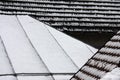 Various snow covered roofs in dew weather close up