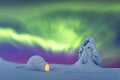 Wintry scene with glowing polar lights and snowy igloo