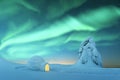 Wintry scene with glowing polar lights and snowy igloo Royalty Free Stock Photo