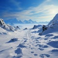 Wintry trek Footprints ascend hill as humans venture through snow covered landscape