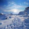 Wintry trek Footprints ascend hill as humans venture through snow covered landscape