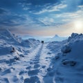 Wintry trek Footprints ascend hill as humans venture through snow covered landscape