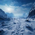 Wintry trek Footprints ascend hill as humans venture through snow covered landscape