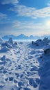 Wintry trek Footprints ascend hill as humans venture through snow covered landscape