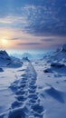 Wintry trek Footprints ascend hill as humans venture through snow covered landscape