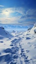 Wintry trek Footprints ascend hill as humans venture through snow covered landscape