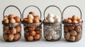 Wire baskets filled with assorted eggs, rustic setting, food concept Royalty Free Stock Photo