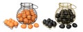 Wire baskets filled with eggs, isolated on white transparent background, concept of kitchen storage Royalty Free Stock Photo