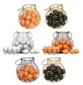 Wire baskets filled with eggs, isolated on white transparent background, concept of kitchen storage Royalty Free Stock Photo