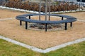 wire circular benches park furniture in winter. sintered gravel with